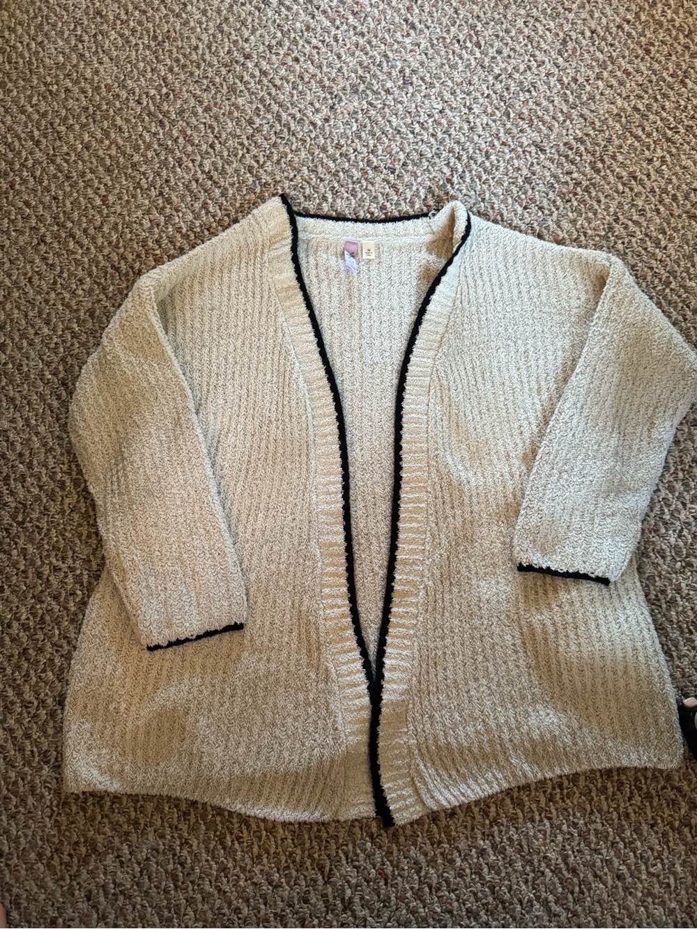Women’s Cozy Cream Open-Front Cardigan with Black Trim